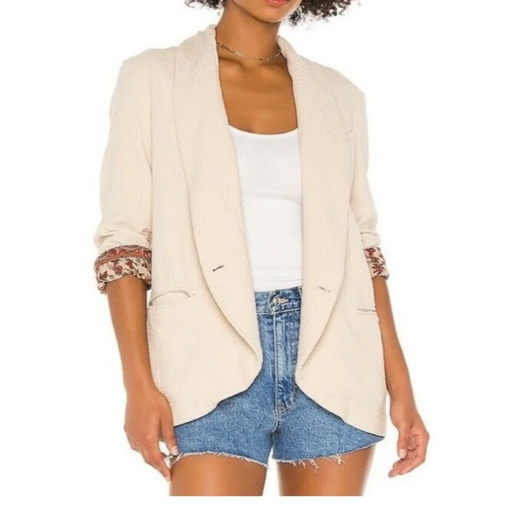 Free People Cream Textured Blazer with Floral Cuff - Picture 5 of 8